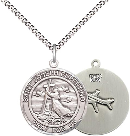 Medium Women's Pewter Saint St. Joseph of Cupertino Medal Pendant on 18 Inch Rhodium Plated Lite Curb Brass Chain w/ Lobster Claw clasp, Catholic Religious Necklace - Made in USA - Deluxe Velvet Gift Box