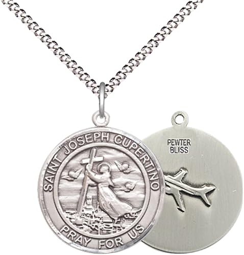 Medium Women's Pewter Saint St. Joseph of Cupertino Medal Pendant on 18 Inch Rhodium Plated Lite Curb Brass Chain w/ Lobster Claw clasp, Catholic Religious Necklace - Made in USA - Deluxe Velvet Gift Box