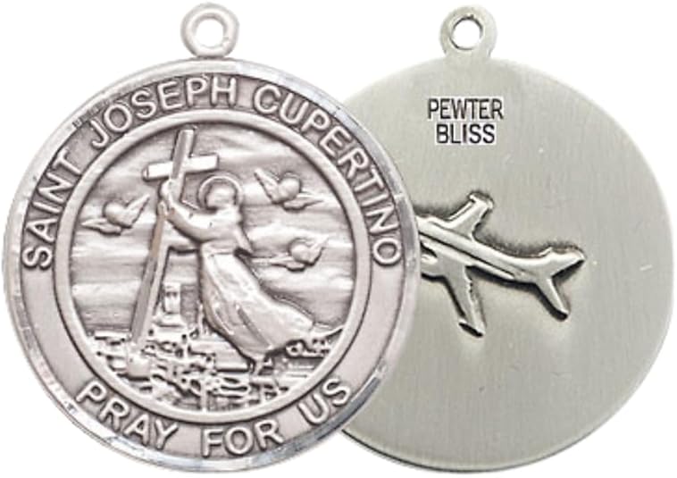 Medium Men's Pewter Saint St. Joseph of Cupertino Medal Pendant on 24 Inch Endless Rhodium Plated Heavy Curb Brass Chain, Catholic Religious Necklace - Made in USA- Deluxe Velvet Gift Box