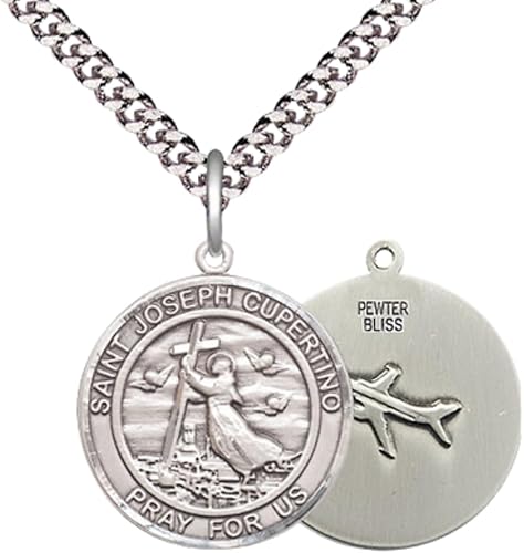 Medium Men's Pewter Saint St. Joseph of Cupertino Medal Pendant on 24 Inch Endless Rhodium Plated Heavy Curb Brass Chain, Catholic Religious Necklace - Made in USA- Deluxe Velvet Gift Box