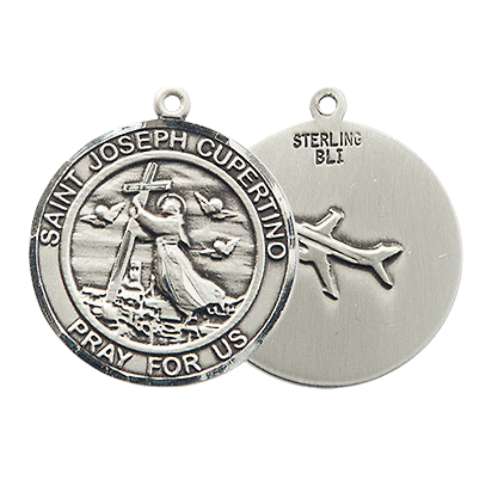 Medium Women's .925 Sterling Silver Saint St. Joseph of Cupertino Pendant Necklace on 18 Inch Rhodium- Plated Lite Curb Brass Chain with Lobster Claw Clasp, Catholic Medal - Patron Saint. of Pilots & Air Force – Velvet Gift Box