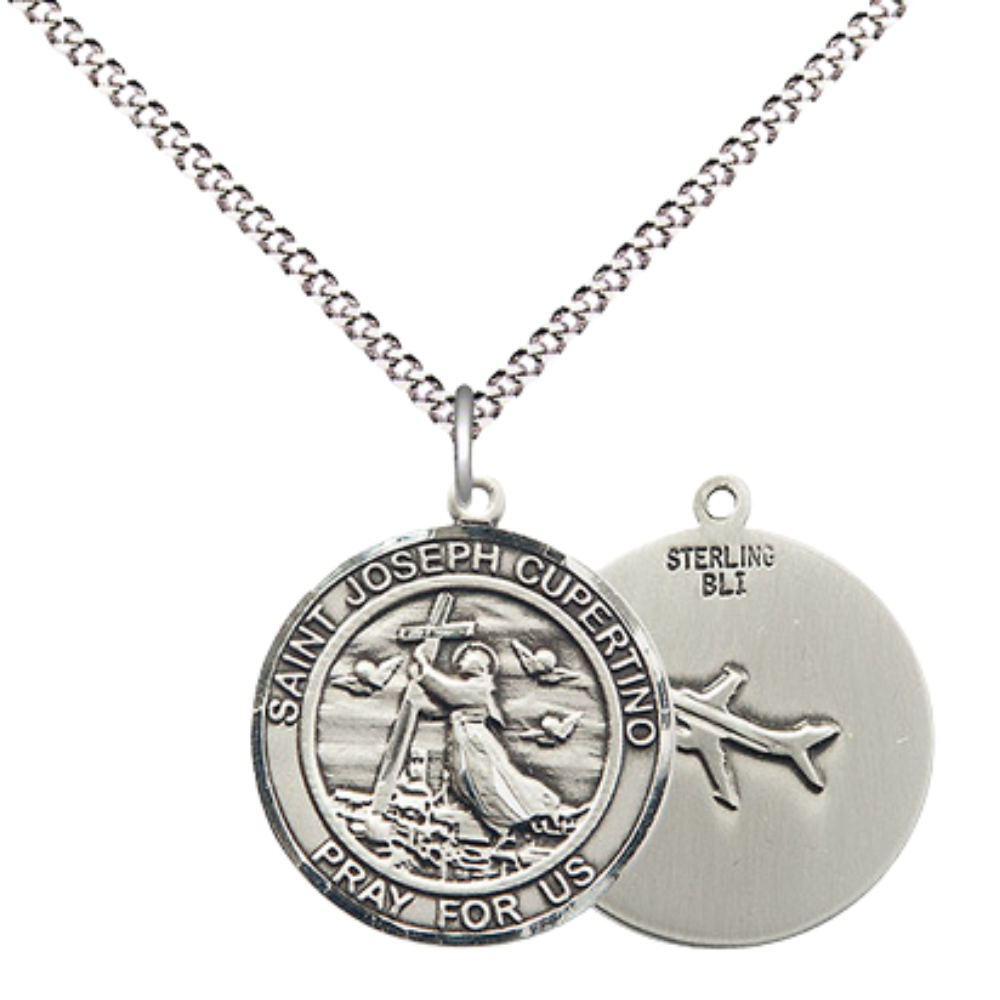 Medium Women's .925 Sterling Silver Saint St. Joseph of Cupertino Pendant Necklace on 18 Inch Rhodium- Plated Lite Curb Brass Chain with Lobster Claw Clasp, Catholic Medal - Patron Saint. of Pilots & Air Force – Velvet Gift Box