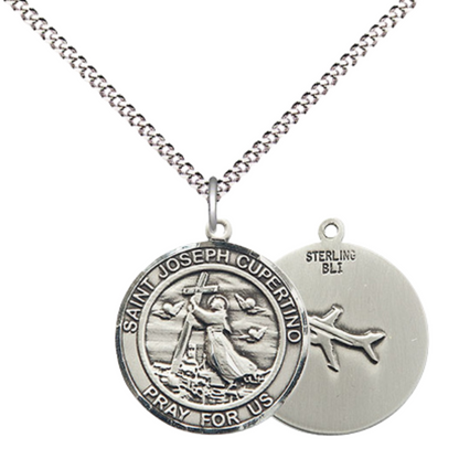 Medium Women's .925 Sterling Silver Saint St. Joseph of Cupertino Pendant Necklace on 18 Inch Rhodium- Plated Lite Curb Brass Chain with Lobster Claw Clasp, Catholic Medal - Patron Saint. of Pilots & Air Force – Velvet Gift Box