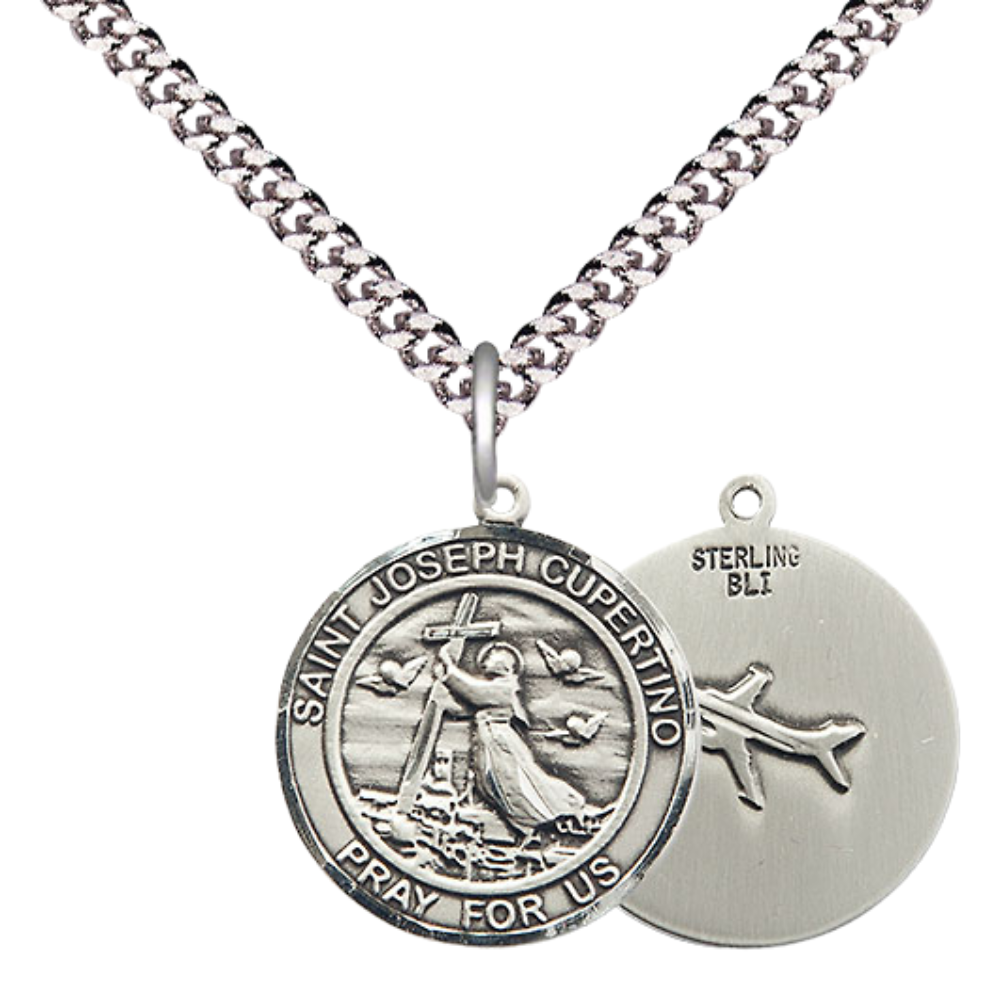 Medium Men's .925 Sterling Silver Saint St. Joseph of Cupertino Medal Pendant on 24 Inch Endless Rhodium Plated Heavy Curb Brass Chain, Catholic Religious Necklace - Made in USA- Deluxe Velvet Gift Box