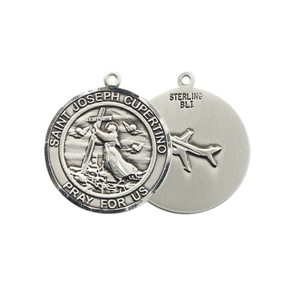 Medium Men's .925 Sterling Silver Saint St. Joseph of Cupertino Medal Pendant on 24 Inch Endless Rhodium Plated Heavy Curb Brass Chain, Catholic Religious Necklace - Made in USA- Deluxe Velvet Gift Box