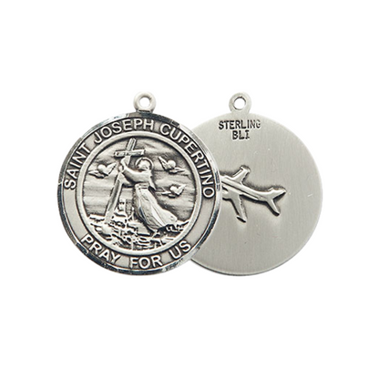 Medium Mens Round .925 Sterling Silver Saint St. Joseph of Cupertino Medal Pendant on 24 Inch Rhodium Plated Heavy Curb Brass Chain w/ Lobster Claw Clasp, Catholic Religious Necklace - Made in USA- Gift Boxed