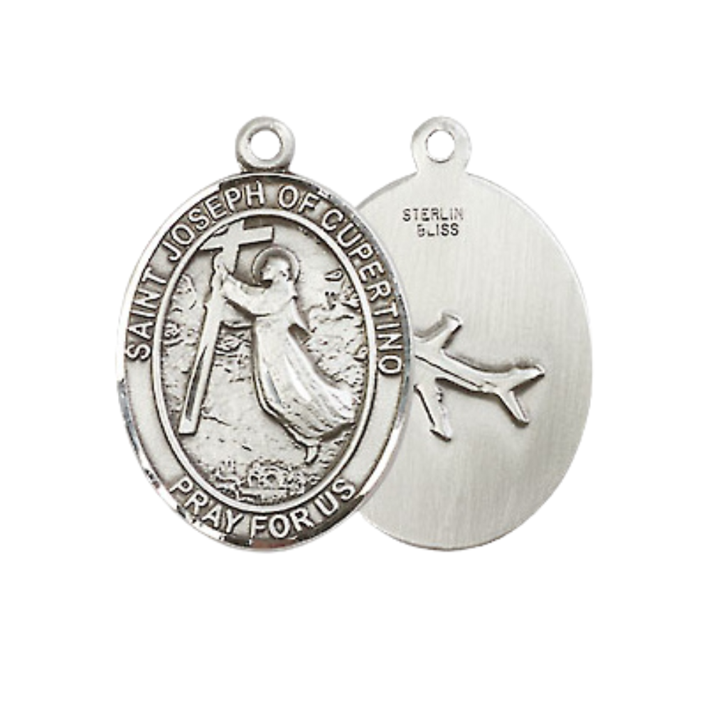 Everlasting Light Jewelry Medium Women's Pewter Saint St. Joseph of Cupertino Pendant Necklace on 18- inch Rhodium- Plated Lite Curb Brass Chain – Patron Saint St. of Pilots & Air Force, Catholic Medal – Velvet Gift Box Included
