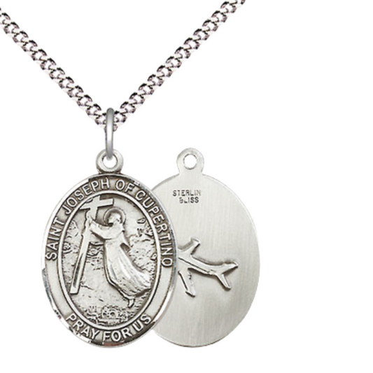 Everlasting Light Jewelry Medium Women's Pewter Saint St. Joseph of Cupertino Pendant Necklace on 18- inch Rhodium- Plated Lite Curb Brass Chain – Patron Saint St. of Pilots & Air Force, Catholic Medal – Velvet Gift Box Included