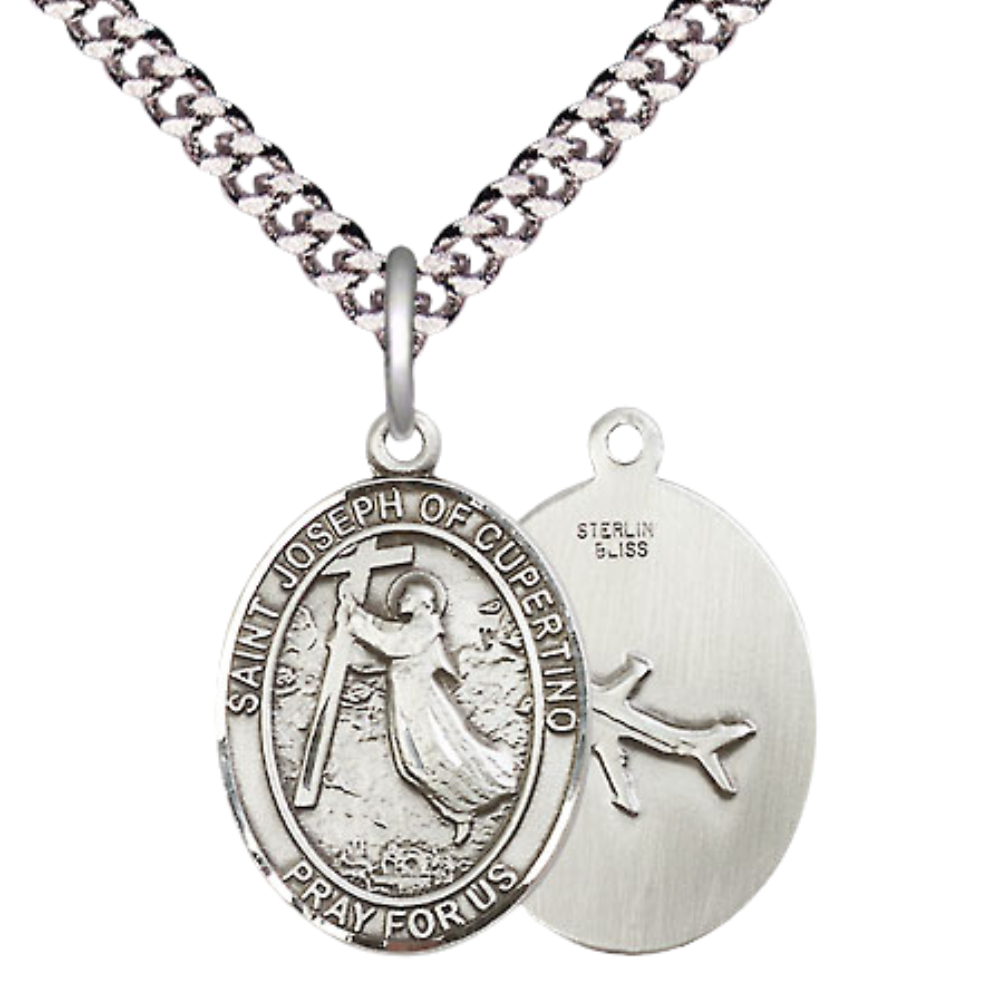 Medium Mens Oval .925 Sterling Silver Saint St. Joseph of Cupertino Medal Pendant on 24 Inch Rhodium Plated Heavy Curb Brass Chain w/ Lobster Claw Clasp, Catholic Religious Necklace - Made in USA- Gift Boxed