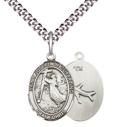 Medium Mens Oval .925 Sterling Silver Saint St. Joseph of Cupertino Medal Pendant on 24 Inch Rhodium Plated Heavy Curb Brass Chain w/ Lobster Claw Clasp, Catholic Religious Necklace - Made in USA- Gift Boxed