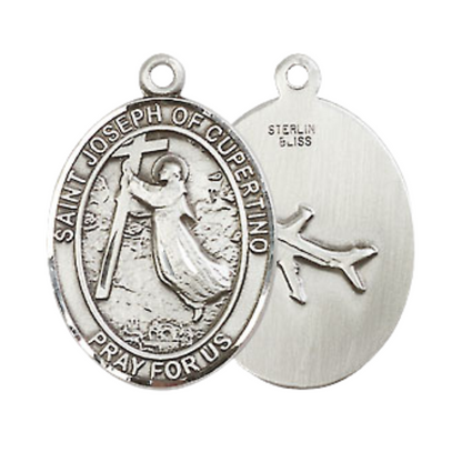 Medium Mens Oval .925 Sterling Silver Saint St. Joseph of Cupertino Medal Pendant on 24 Inch Rhodium Plated Heavy Curb Brass Chain w/ Lobster Claw Clasp, Catholic Religious Necklace - Made in USA- Gift Boxed