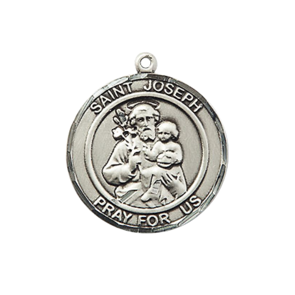 Medium Women's .925 Sterling Silver Saint St. Joseph Pendant Necklace on 18 Inch Rhodium- Plated Lite Curb Brass Chain with Lobster Claw Clasp, Catholic Medal - Patron Saint. of Carpenters, Fathers & the Dying – Velvet Gift Box