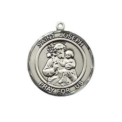 Medium Women's .925 Sterling Silver Saint St. Joseph Pendant Necklace on 18 Inch Rhodium- Plated Lite Curb Brass Chain with Lobster Claw Clasp, Catholic Medal - Patron Saint. of Carpenters, Fathers & the Dying – Velvet Gift Box