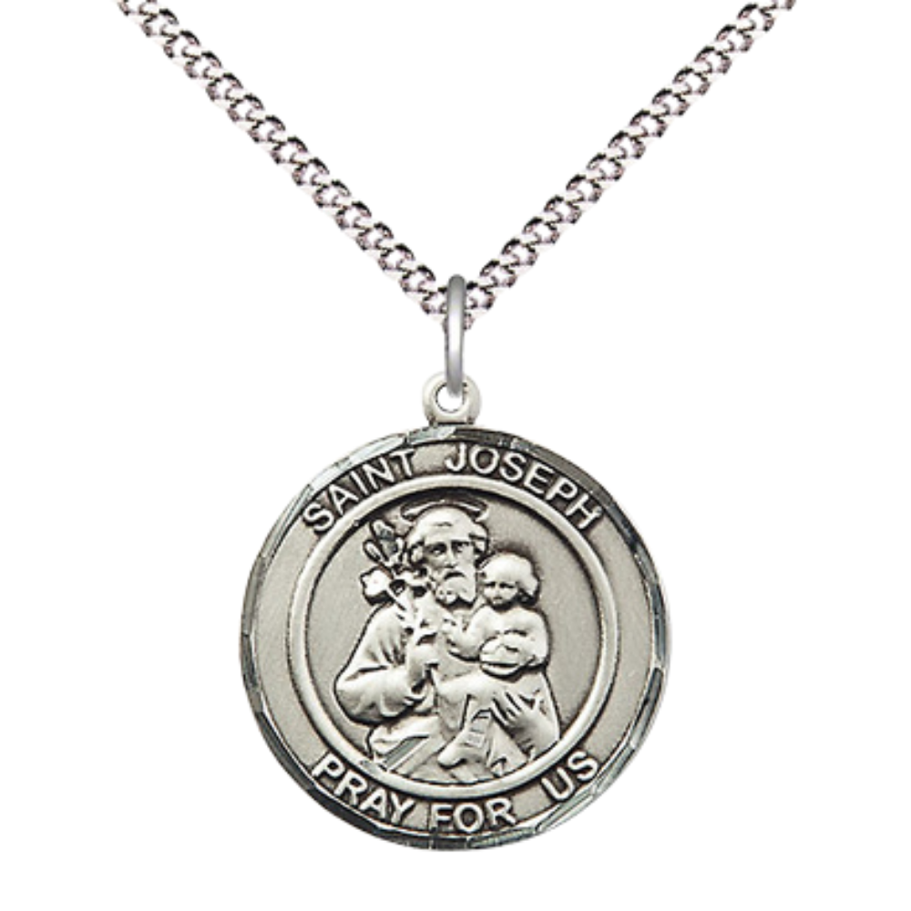Medium Women's Pewter Saint St. Joseph Medal Pendant on 18 Inch Rhodium Plated Lite Curb Brass Chain w/Lobster Claw clasp, Catholic Religious Necklace - Made in USA - Deluxe Velvet Gift Box