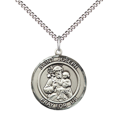 Medium Women's .925 Sterling Silver Saint St. Joseph Pendant Necklace on 18 Inch Rhodium- Plated Lite Curb Brass Chain with Lobster Claw Clasp, Catholic Medal - Patron Saint. of Carpenters, Fathers & the Dying – Velvet Gift Box