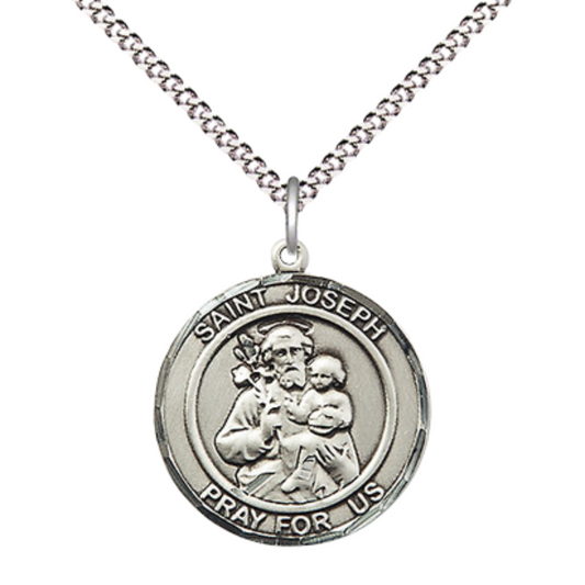 Medium Women's .925 Sterling Silver Saint St. Joseph Pendant Necklace on 18 Inch Rhodium- Plated Lite Curb Brass Chain with Lobster Claw Clasp, Catholic Medal - Patron Saint. of Carpenters, Fathers & the Dying – Velvet Gift Box
