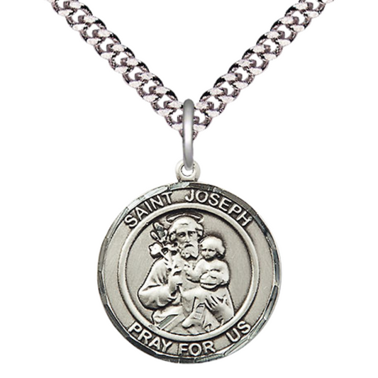 Medium Men's .925 Sterling Silver Saint Joseph Medal Pendant on 24 Inch Endless Rhodium Plated Heavy Curb Brass Chain, Catholic Religious Necklace -Made in USA- Deluxe Velvet Gift Box