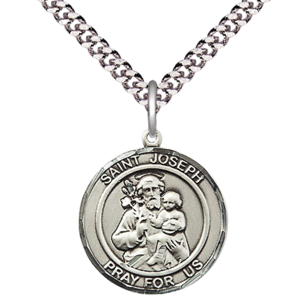 Mens Medium Round Pewter Saint St. Joseph Medal Pendant on 24 Inch Rhodium Plated Heavy Curb Brass Chain with Lobster Claw Clasp, Catholic Religious Necklace - Made in USA- Deluxe Velvet Gift Box