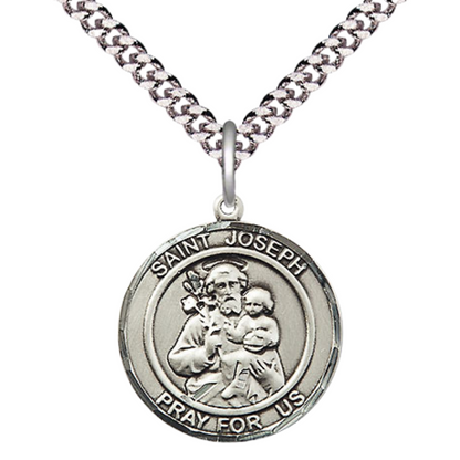 Everlasting Light Jewelry Medium Men's Pewter Saint St. Joseph Medal Pendant on 24 Inch Endless Rhodium Plated Heavy Curb Brass Chain, Catholic Religious Necklace - Made in USA- Deluxe Velvet Gift Box