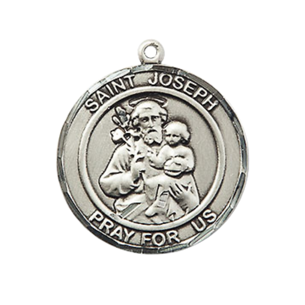 Medium Men's .925 Sterling Silver Saint Joseph Medal Pendant on 24 Inch Endless Rhodium Plated Heavy Curb Brass Chain, Catholic Religious Necklace -Made in USA- Deluxe Velvet Gift Box