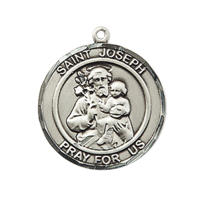 Mens Medium Round Pewter Saint St. Joseph Medal Pendant on 24 Inch Rhodium Plated Heavy Curb Brass Chain with Lobster Claw Clasp, Catholic Religious Necklace - Made in USA- Deluxe Velvet Gift Box