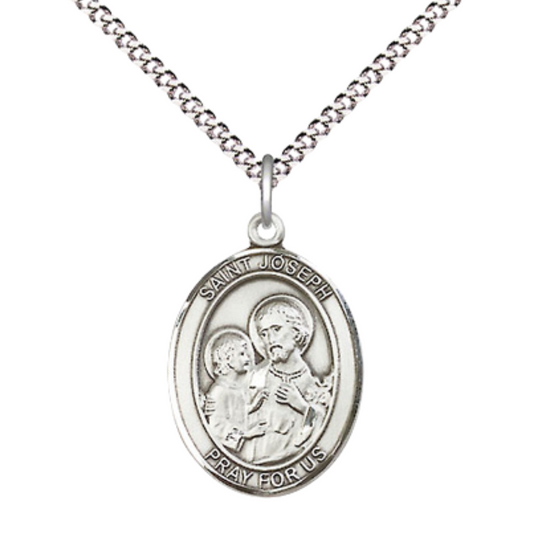 Everlasting Light Jewelry Women's Pewter Saint St. Joseph Pendant Necklace on 18- inch Rhodium- Plated Lite Curb Brass Chain – Patron Saint St. of Carpenters, Fathers & the Dying, Catholic Medal – Velvet Gift Box Included