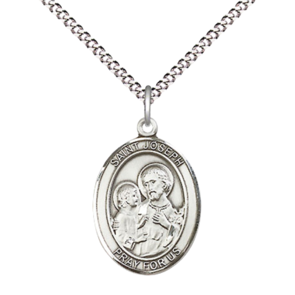 Medium Women's .925 Sterling Silver Saint St. Joseph Medal Pendant Necklace with 18- Inch Rhodium Plated Lite Curb Brass Chain – Patron Saint St. of Carpenters, Dying, and Fathers, Catholic Medal – Velvet Gift Box Included