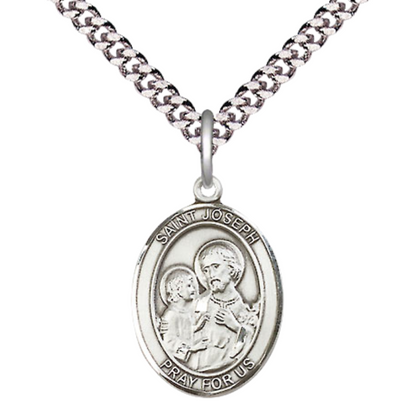 Mens Medium Oval .925 Sterling Silver Saint Joseph Medal Pendant on 24" Rhodium Plated Heavy Curb Brass Chain w/ Lobster Claw Clasp,Catholic Religious Necklace -Made in USA-Velvet Gift Box