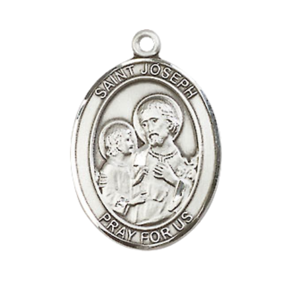 Medium Men's .925 Sterling Silver Saint St. Joseph Medal Pendant on 24 Inch Endless Rhodium Plated Heavy Curb Brass Chain, Catholic Religious Necklace - Made in USA- Deluxe Velvet Gift Box