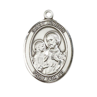 Mens Medium Oval Pewter Saint St. Joseph Medal Pendant on 24 Inch Rhodium Plated Heavy Curb Brass Chain with Lobster Claw Clasp, Catholic Religious Necklace - Made in USA- Deluxe Velvet Gift Box