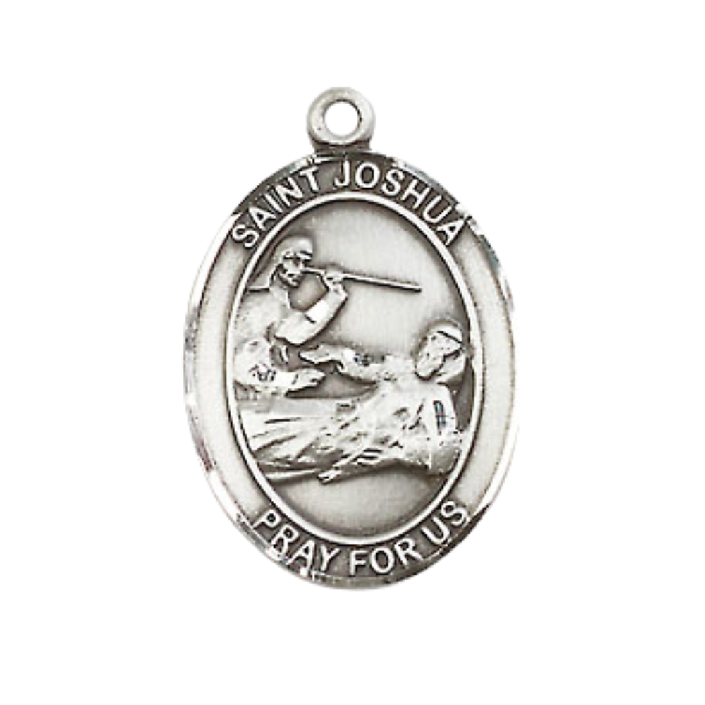 Everlasting Light Jewelry Medium Men's Pewter Saint St. Joshua Medal Pendant on 24 Inch Endless Rhodium Plated Heavy Curb Brass Chain, Catholic Religious Necklace - Made in USA- Deluxe Velvet Gift Box