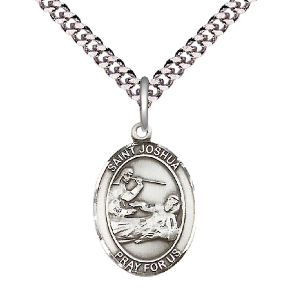 Mens Medium Oval Pewter Saint St. Joshua Medal Pendant on 24 Inch Rhodium Plated Heavy Curb Brass Chain with Lobster Claw Clasp, Catholic Religious Necklace - Made in USA- Deluxe Velvet Gift Box