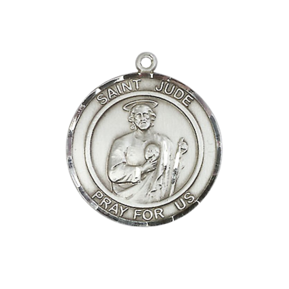 Medium Women's .925 Sterling Silver Saint St. Jude Pendant Necklace – ¾” x ?” Medal on 18 Inch Rhodium- Plated Lite Curb Brass Chain with Lobster Claw Clasp, Catholic Medal - Patron Saint. of Desperate Situations – Velvet Gift Box
