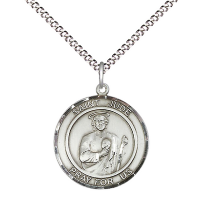 Medium Women's .925 Sterling Silver Saint St. Jude Pendant Necklace – ¾” x ?” Medal on 18 Inch Rhodium- Plated Lite Curb Brass Chain with Lobster Claw Clasp, Catholic Medal - Patron Saint. of Desperate Situations – Velvet Gift Box