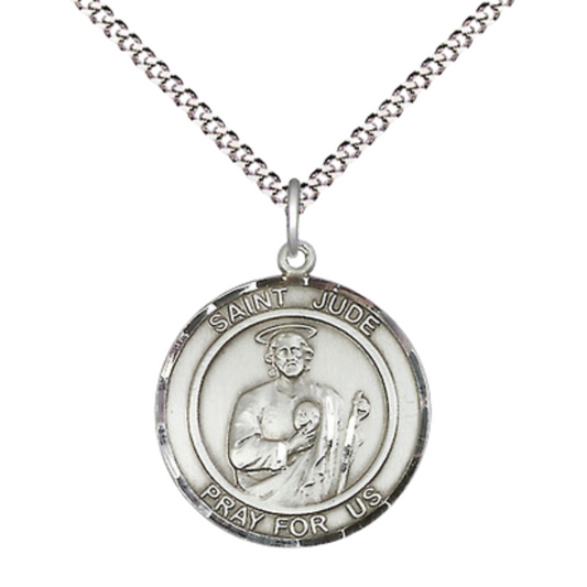 Medium Women's .925 Sterling Silver Saint St. Jude Pendant Necklace – ¾” x ?” Medal on 18 Inch Rhodium- Plated Lite Curb Brass Chain with Lobster Claw Clasp, Catholic Medal - Patron Saint. of Desperate Situations – Velvet Gift Box