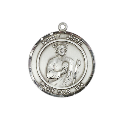Everlasting Light Jewelry Medium Men's Pewter Saint St. Jude Medal Pendant on 24 Inch Endless Rhodium Plated Heavy Curb Brass Chain, Catholic Religious Necklace - Made in USA- Deluxe Velvet Gift Box