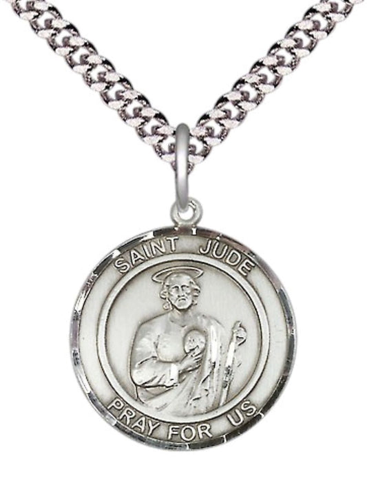 Everlasting Light Jewelry Medium Men's Pewter Saint St. Jude Medal Pendant on 24 Inch Endless Rhodium Plated Heavy Curb Brass Chain, Catholic Religious Necklace - Made in USA- Deluxe Velvet Gift Box