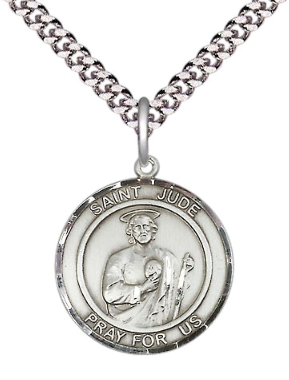 Mens Medium Round Pewter Saint St. Jude Medal Pendant on 24 Inch Rhodium Plated Heavy Curb Brass Chain with Lobster Claw Clasp, Catholic Religious Necklace - Made in USA- Deluxe Velvet Gift Box