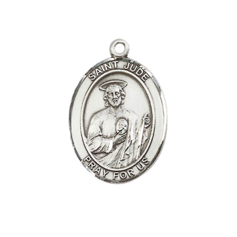 Everlasting Light Jewelry Medium Women's Pewter Saint St. Jude Pendant Necklace on 18- inch Rhodium- Plated Lite Curb Brass Chain – Patron Saint St. of Desperate Situations, Catholic Medal – Velvet Gift Box Included