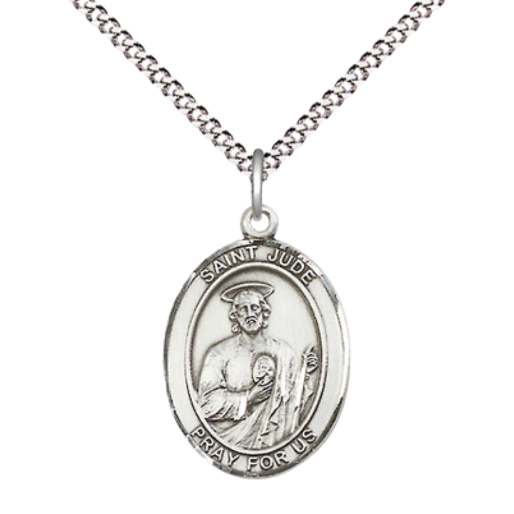 Medium Women's .925 Sterling Silver Saint St. Jude Thaddeus Pendant Necklace with 18- Inch Rhodium Plated Lite Curb Brass Chain – Patron Saint St. of Desperate Situations, Catholic Medal – Velvet Gift Box Included