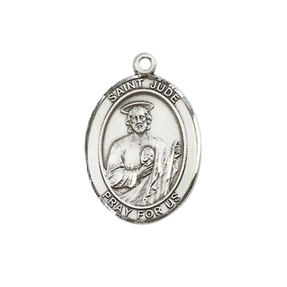 Everlasting Light Jewelry Medium Men's Pewter Saint St.Jude Medal Pendant on 24 Inch Endless Rhodium Plated Heavy Curb Brass Chain, Catholic Religious Necklace -Made in USA- Deluxe Velvet Gift Box