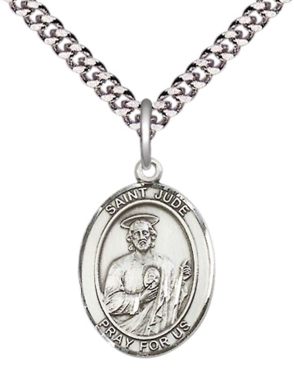 Mens Medium Oval Pewter Saint St. Jude Medal Pendant on 24 Inch Rhodium Plated Heavy Curb Brass Chain with Lobster Claw Clasp, Catholic Religious Necklace - Made in USA- Deluxe Velvet Gift Box