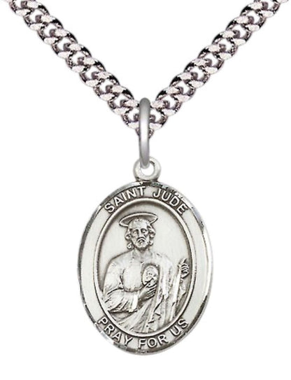Medium Men's .925 Sterling Silver Saint St. Jude Medal Pendant on 24 Inch Endless Rhodium Plated Heavy Curb Brass Chain, Catholic Religious Necklace - Made in USA - Deluxe Velvet Gift Box