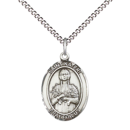 .925 Sterling Silver Saint St. Kateri Tekakwitha Medal Pendant on 18 Inch Rhodium Plated Lite Curb Brass Chain w/ Lobster Claw Clasp, Catholic Religious Necklace - Made in USA- Prayer Card Included