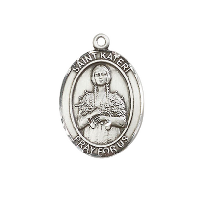 .925 Sterling Silver Saint St. Kateri Tekakwitha Medal Pendant on 18 Inch Rhodium Plated Lite Curb Brass Chain w/ Lobster Claw Clasp, Catholic Religious Necklace - Made in USA- Prayer Card Included