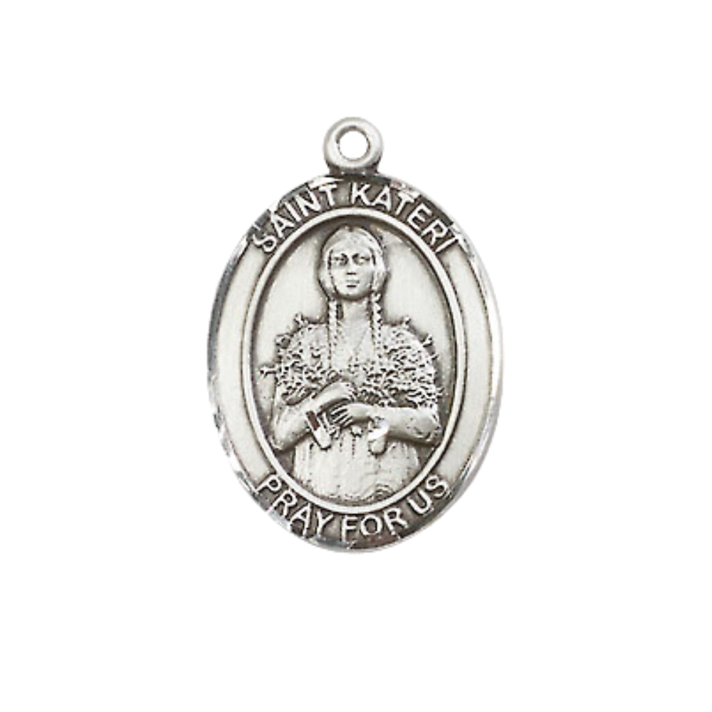 Everlasting Light Jewelry Medium Women's Pewter Saint St. Kateri Pendant Necklace on 18- inch Rhodium- Plated Lite Curb Brass Chain – Patron Saint St. of Environment, Catholic Medal – Velvet Gift Box Included