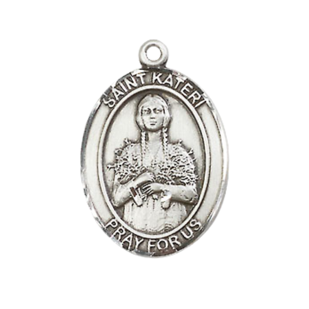 Medium Men's .925 Sterling Silver Saint St. Kateri Medal Pendant on 24 Inch Endless Rhodium Plated Heavy Curb Brass Chain, Catholic Religious Necklace - Made in USA- Deluxe Velvet Gift Box