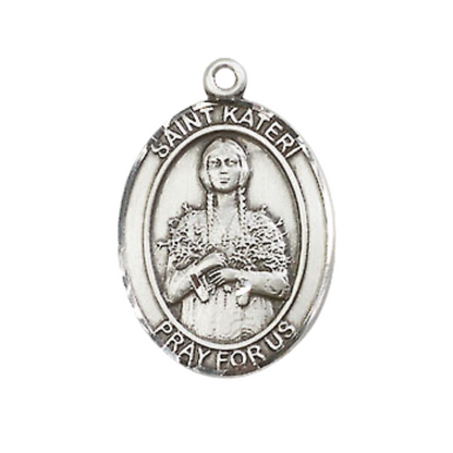 Medium Men's .925 Sterling Silver Saint St. Kateri Medal Pendant on 24 Inch Endless Rhodium Plated Heavy Curb Brass Chain, Catholic Religious Necklace - Made in USA- Deluxe Velvet Gift Box