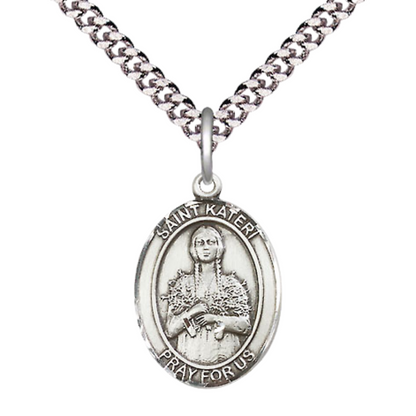 Mens Medium Oval .925 Sterling Silver Saint St. Kateri Medal Pendant on 24 Inch Rhodium Plated Heavy Curb Brass Chain w/ Lobster Claw Clasp, Catholic Religious Necklace - Made in USA- Velvet Gift Box