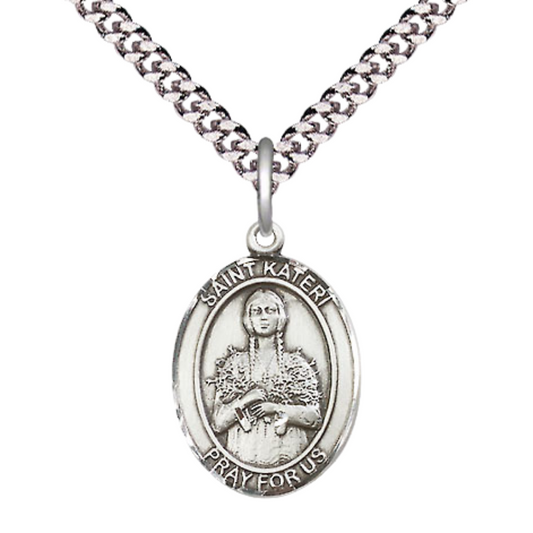 Everlasting Light Jewelry Medium Men's Pewter Saint St. Kateri Medal Pendant on 24 Inch Endless Rhodium Plated Heavy Curb Brass Chain, Catholic Religious Necklace - Made in USA- Deluxe Velvet Gift Box